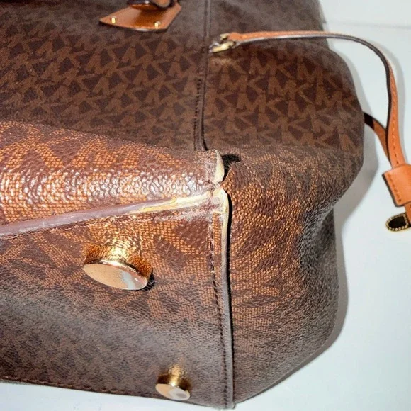 Michael Kors Women's Tote Bag Brown MK Logo Leather Trim Large - Picture 7 of 16